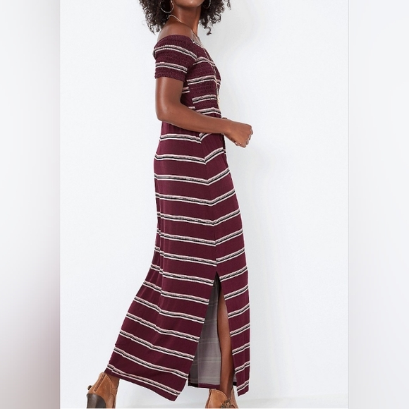 Maurice's Maroon Striped Smocked Off-Shoulder Maxi Dress - Picture 11 of 11